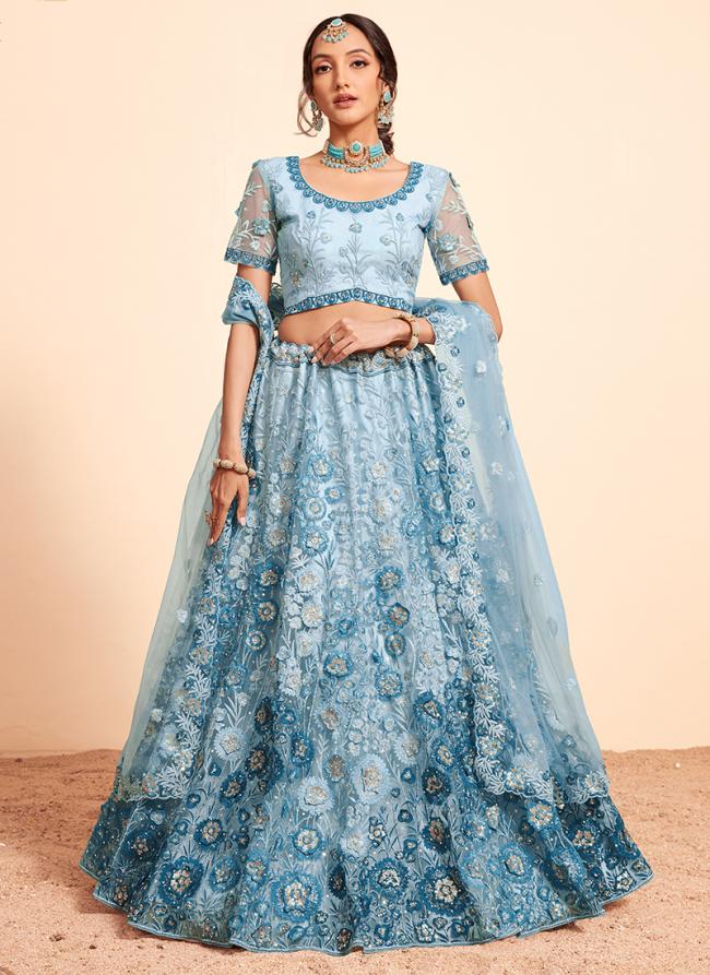 Net Sky Blue Wedding Wear Embroidery Work Lehenga Choli